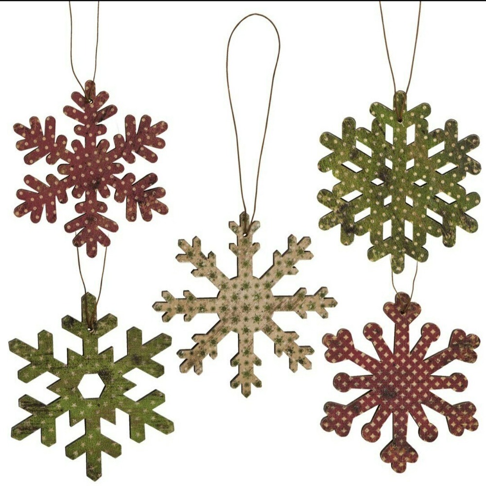Primitive Christmas Snowflake Ornaments Set of 6 Rustic Metal Plaid Decor Tags